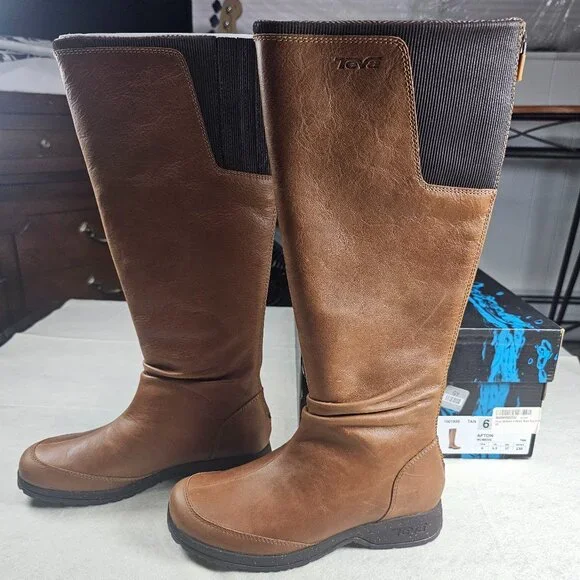 NEW Teva Afton Tall Brown Leather/Suede Waterproof Boots Women's Size 6 - Picture 4 of 6